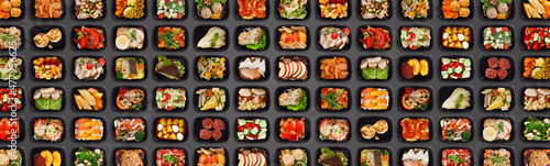 Collection Of Plastic Take Away Containers With Healthy Food Over Dark Background