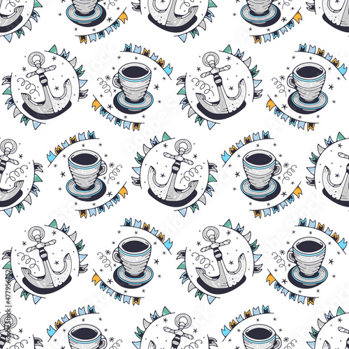 Coffee mug and Anchor. Seamless pattern on a white background. Cute vector illustration.