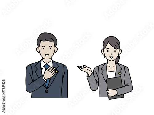 弁護士　税理士　バッジをつけた男女　依頼　相談　安心　イラスト素材