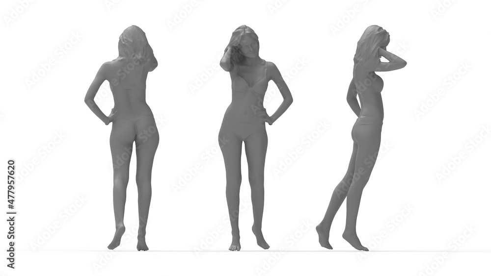 3D rendering of a young slim sexy woman posing in a bikini isolated on empty space background. Multiple views, front side, back.