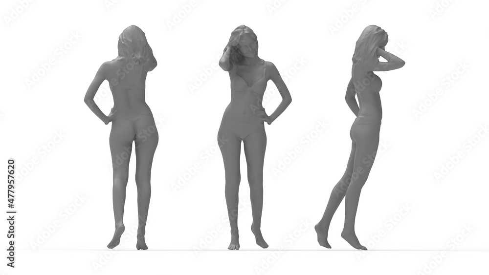 Fototapeta premium 3D rendering of a young slim sexy woman posing in a bikini isolated on empty space background. Multiple views, front side, back.