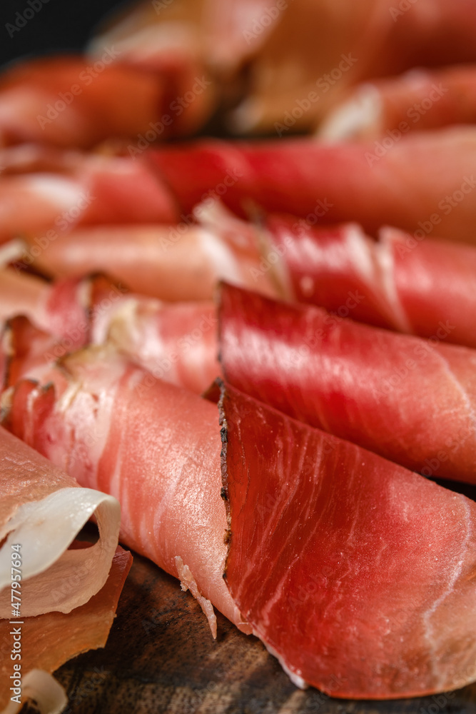 Closeup view of slices of prosciutto ham