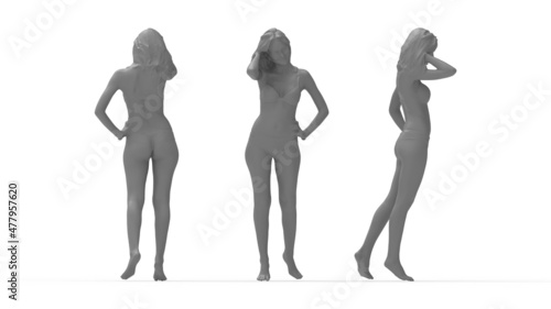 3D rendering of a young slim sexy woman posing in a bikini isolated on empty space background. Multiple views, front side, back.