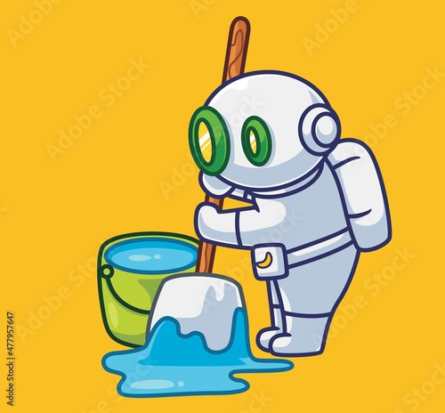 cute astronaut robot mopping a floor