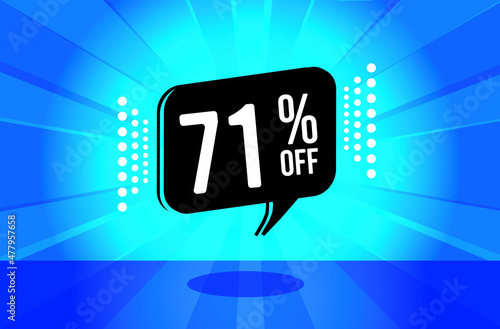 71% off. Blue banner with seventy one percent discount on a black balloon for mega big sales