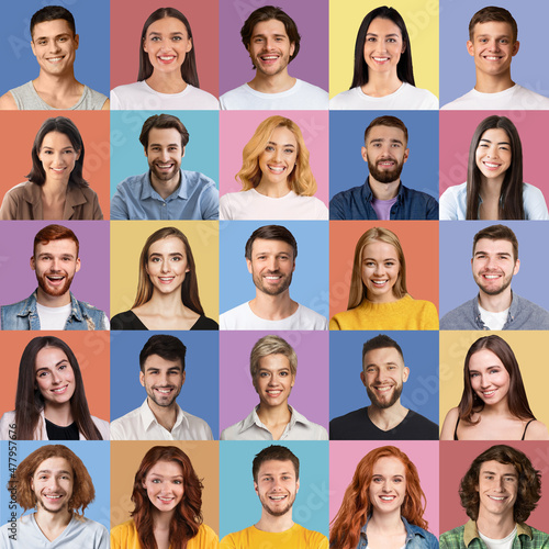 Diverse people showing positive emotions on colorful backgrounds, collection