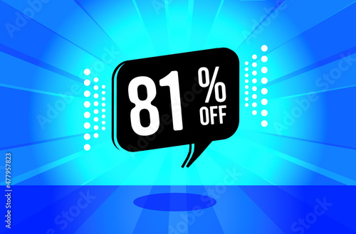 81% off. Blue banner with eighty one percent discount on a black balloon for mega big sales