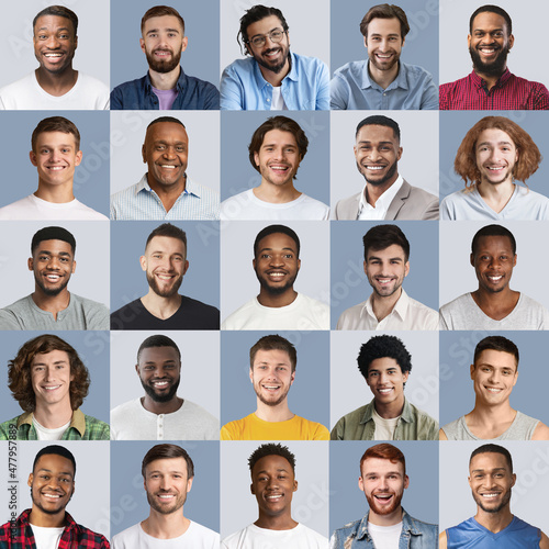 Cheerful multiracial men posing at studio, collection of photos