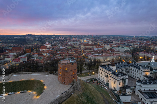 Aerial winter morning sunrise view of Vilnius old town, Lithuania