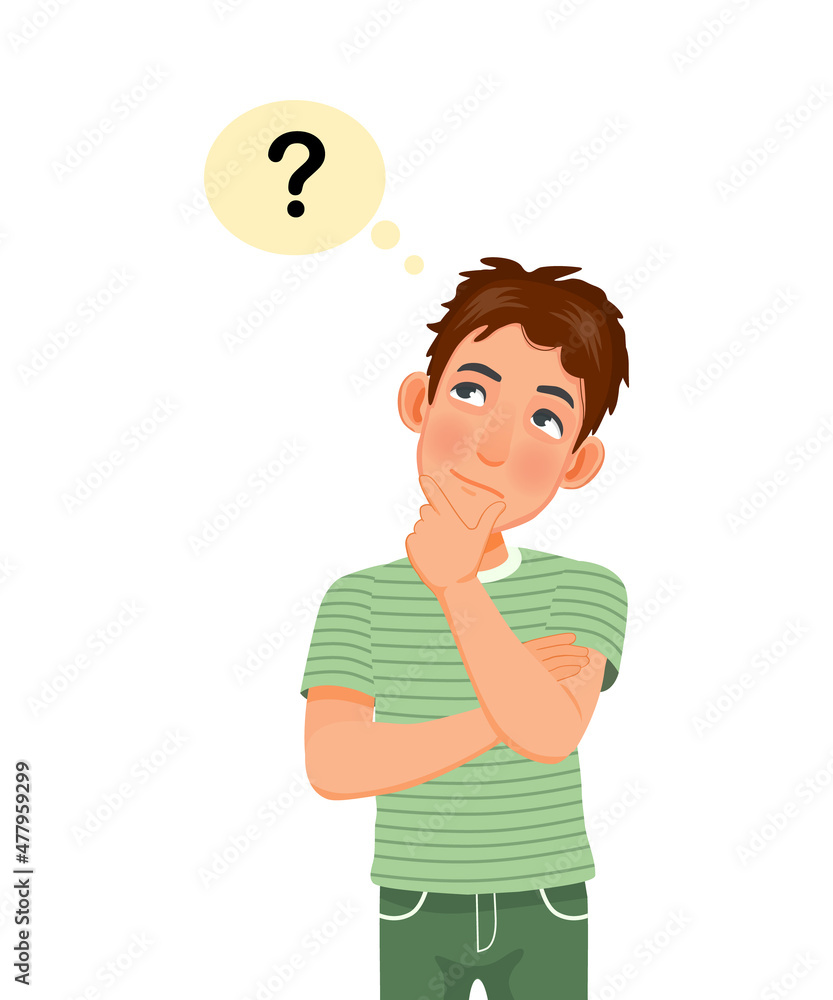 handsome young man thinking looking up while touching his chin to find solution of problems handsome young man thinking looking up while touching his chin to find solution of problems