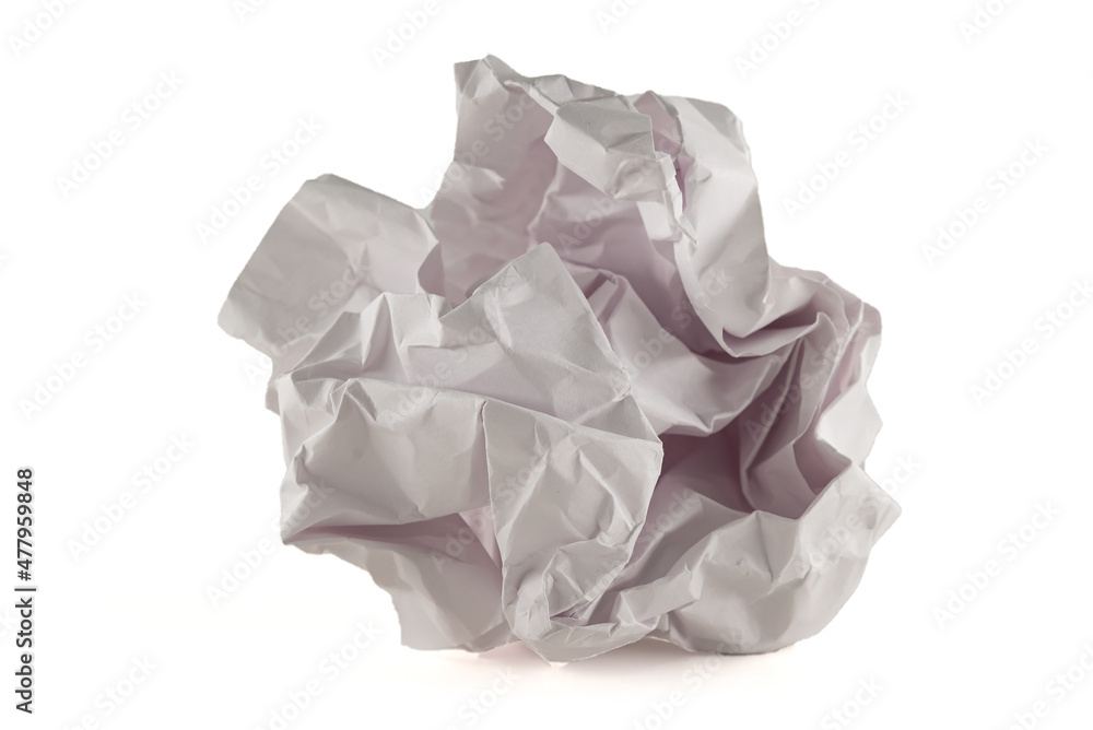 Paper ball or ball. Isolated crumpled sheet of writing paper, tainted sheet of paper of a round shape.