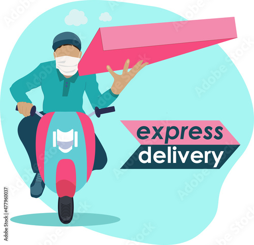 Online food order and food delivery to your door service. Uber eat, grab food, fast food design for landing page, web, poster, flyer. Ready meal logistic with city skyline background.