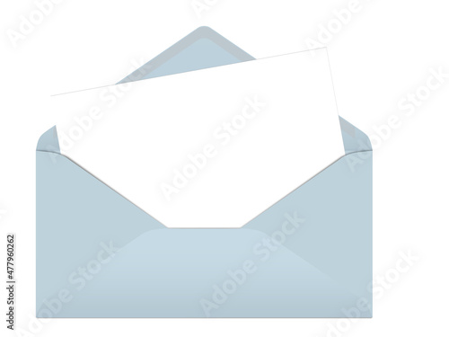 Briefumschlag mit leerer Karte  vor weißem Hintergrund, isoliert, 3D-Illustration