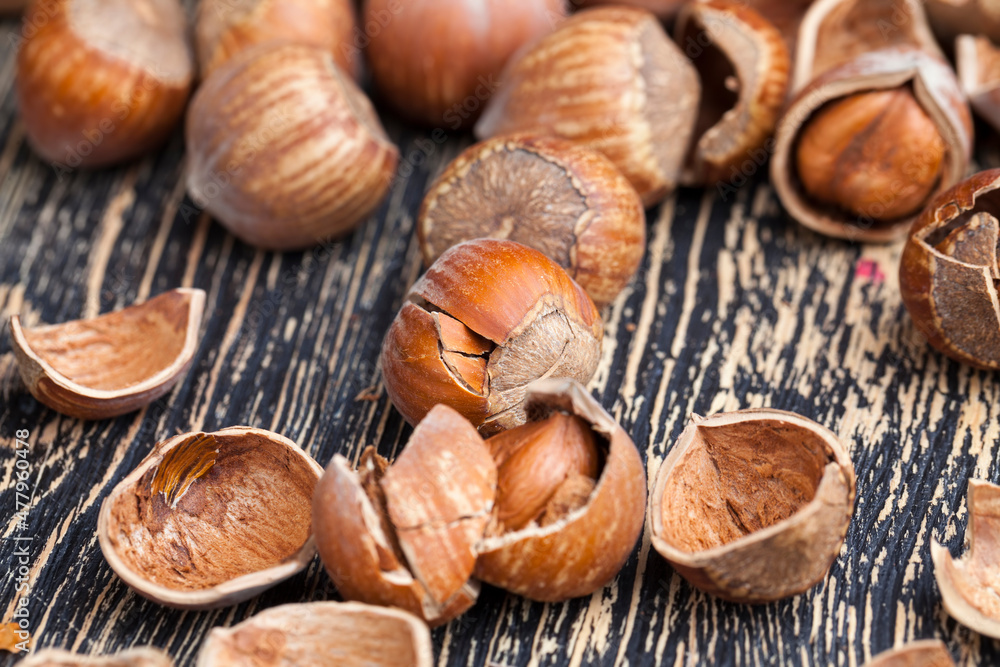 split hazelnuts on the table