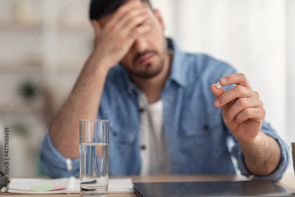 Unrecognizable Sick Man Taking Pills From Headache Unrecognizable Sick Man Taking Pills From Headache