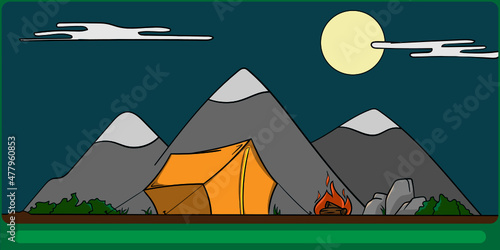 Illustration Camping in the mountains by night and campfire
