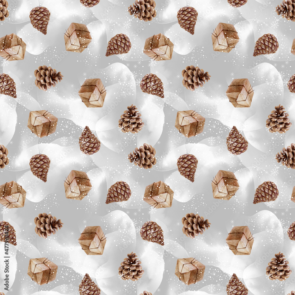 A pattern of fir cones and gift boxes, hand-drawn with colored pencils, can be used for wrapping paper, wrappers, festive Christmas backgrounds. A pattern of fir cones and gift boxes, hand-drawn with colored pencils, can be used for wrapping paper, wrappers, festive Christmas backgrounds.