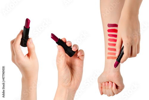 Lipstick swatches on woman hand isolated on white .