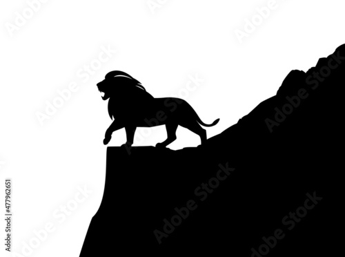 roaring african lion standing on rock cliff - black and white vector wilderness silhouette scene