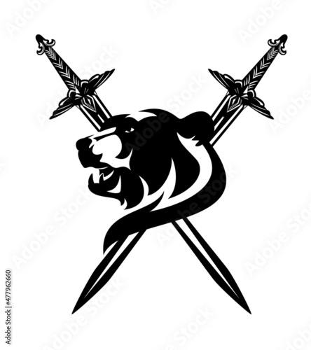 roaring wild bear head with crossed knight swords - medieval heraldry black and white vector design