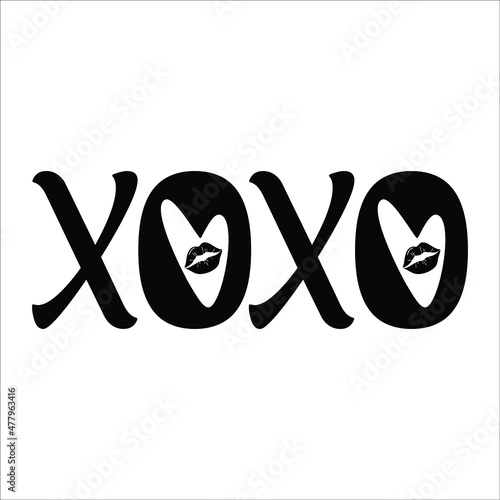 Xoxo,  (hugs and kisses) brush lettering and lipstick kiss on a white background. Vector illustration.