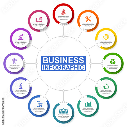 Business infographic vector template for chart, webinars, flat design presentation, editable workflow, graph with 12 options ready to use