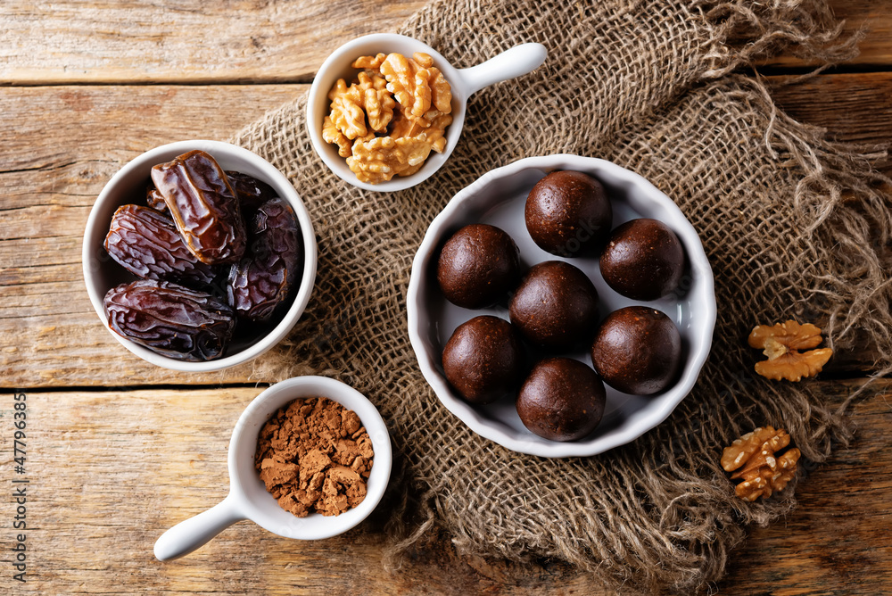 Dates walnuts chocolate raw balls