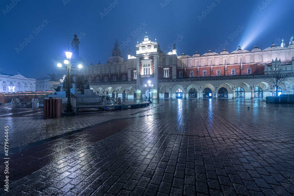 Krakow Poland December 17, 2021; The architecture of the city of Kraów in the evening time.