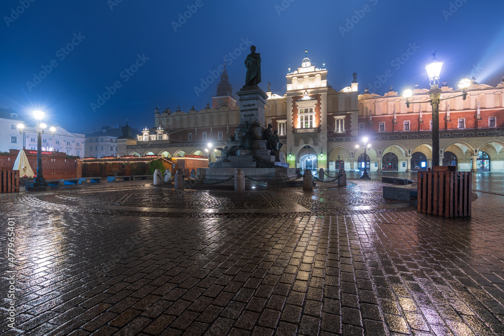 Krakow Poland December 17, 2021; The architecture of the city of Kraów in the evening time.