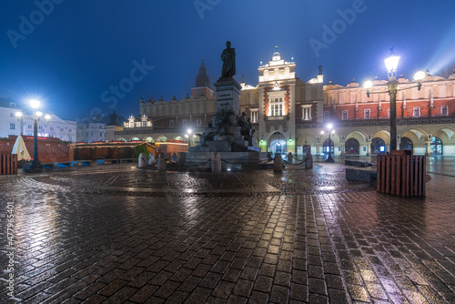 Krakow Poland December 17, 2021; The architecture of the city of Kraów in the evening time.