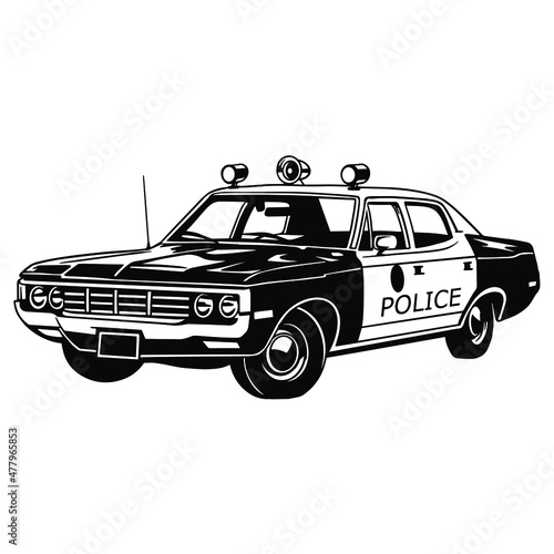 Police car realistic sketch. Vector illustration in black and white. Coloring paper, page, book. Vector.Police interceptor. Sheriff's Car svg cutting print photo