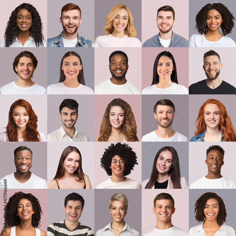 Positive multiracial men and women cheerfully smiling at camera, collage Positive multiracial men and women cheerfully smiling at camera, collage