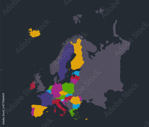 Infographics European union map, flat design colors, individual states, blue background blank