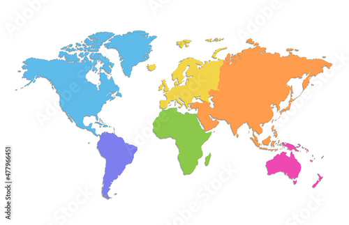 World map and continents, color map isolated on white background, blank
