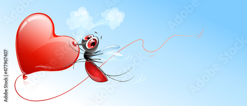 Mosquito bites heart balloon and rushes fast on it