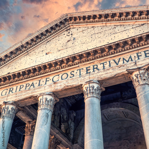 Rome, Italy - March 2017: Pantheon roman temple facade in Piazza della Rotonda. Pantheon is a former Roman temple and a church since year 609 © CanYalicn