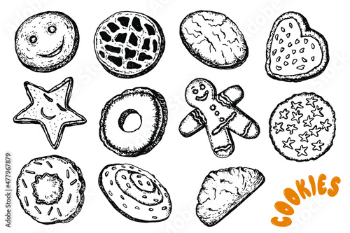 Cookies. Collection. Stock vector illustration. Hand drawing. Black White Sketch Isolated White Background Postcards Cafe Design Confectionery Valentine's Day 