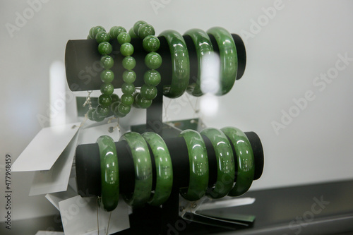 Jade bracelet in the jewelry store Precious stone jade. Sacred stone of China