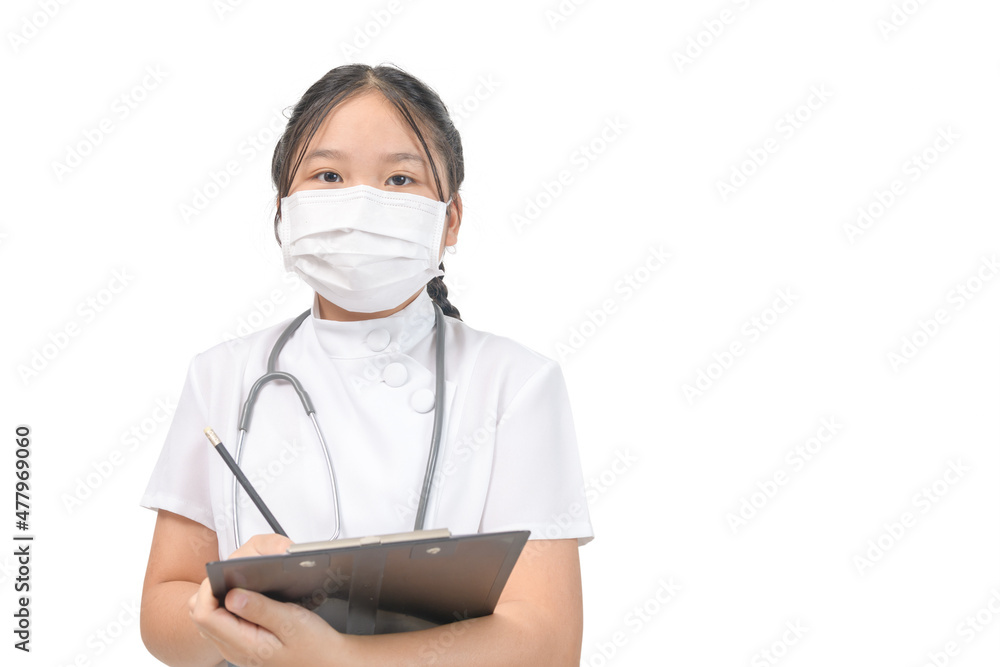 Cute girl doctor Filling The Medical Form isolated on white background, Cute girl doctor Filling The Medical Form isolated on white background,