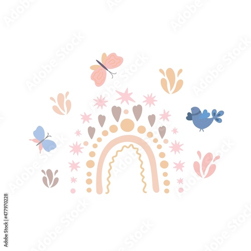 Bohemian style rainbow, little blue bird, cute butterflies simple flat cartoon vector illustration, greeting card illustration for children, nursery decor, poster, textile