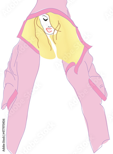 illustration of a blond woman in a pink hoody coat (ID: 477970436)