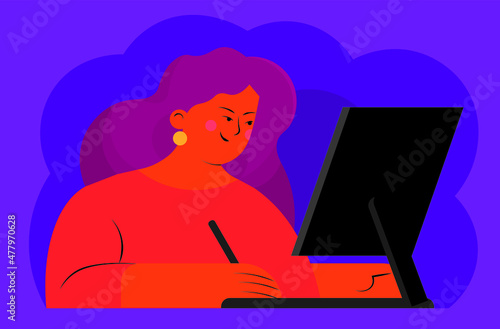 Female flat character drawing on a computer, digital artist, graphic designer vector illustration. Woman working in office