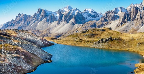 Lake Long view in Ecrins national park near refuge Drayeres, France photo