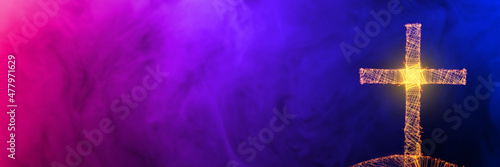 Religious concept stylish glowing cross light streak in colorful abstract panoramic background with copy space.