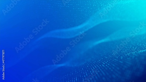  Abstract blue background. Design 3d wave, spiral, DNA. Pattern of circles, dots. Neon glow. Bright stars. Blurring of particles. Outer space, matter. Milky Way. Poster technology, medicine, business.