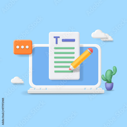 Document content editing online concept. Grammar course. Writing, storytelling, copywriting, online education. 3d vector illustration