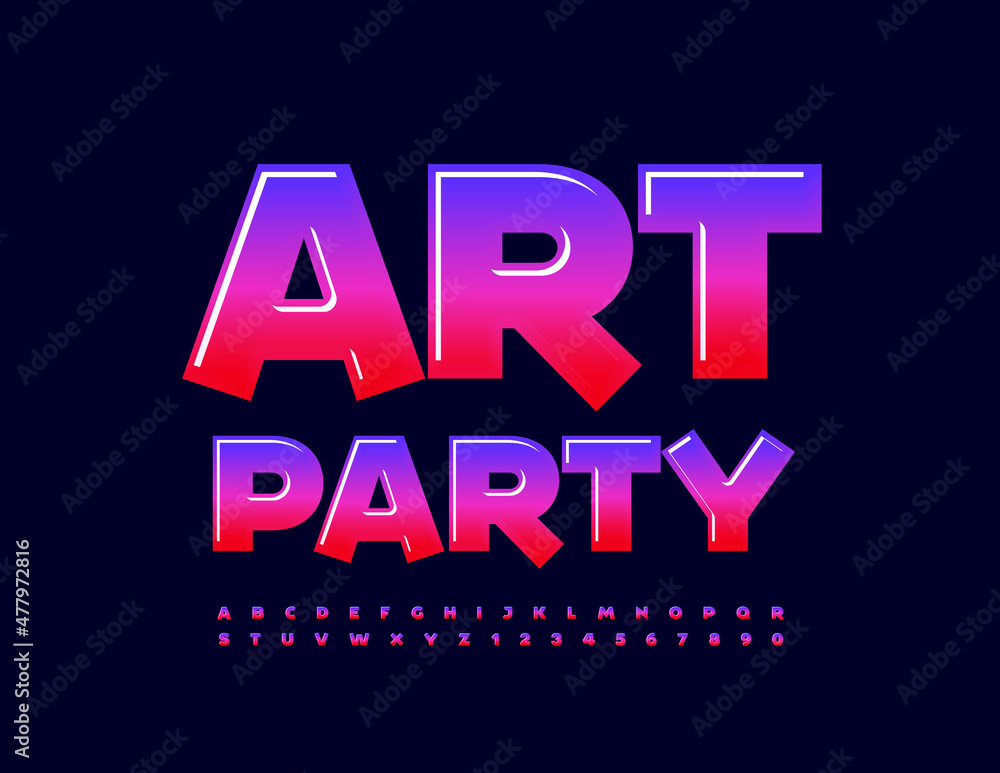 Obraz premium Vector unique poster Art Party. Gradient color Alphabet Letters and Numbers set. Glossy creative Font