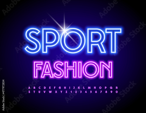 Vector electric sign Sport Fashion. Trendy glowing Font. Neon violet Alphabet Letters and Numbers set