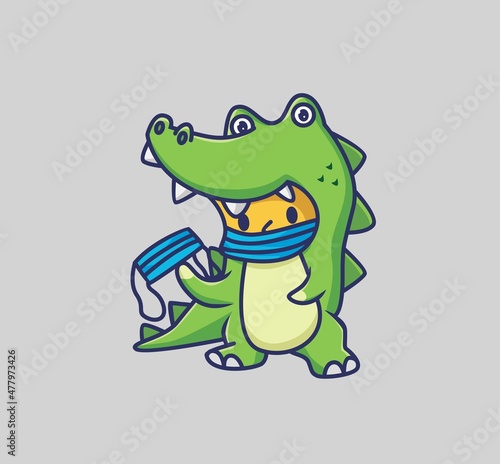 cute baby crocodile wear a mask. cartoon animal nature concept Isolated illustration. Flat Style suitable for Sticker Icon Design Premium Logo vector. Mascot Character