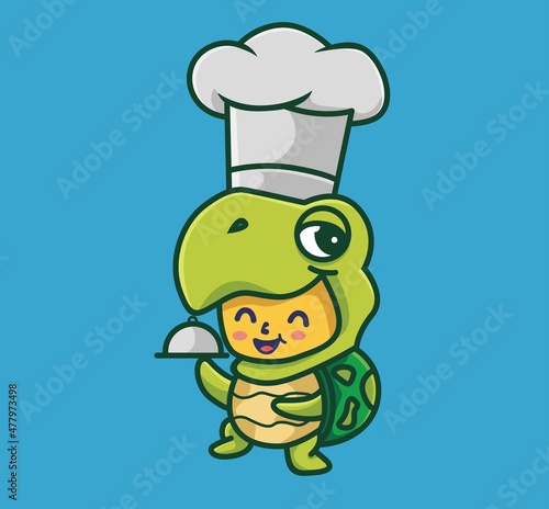 cute baby turtle costume chef cooking. cartoon animal job concept Isolated illustration. Flat Style suitable for Sticker Icon Design Premium Logo vector. Mascot character